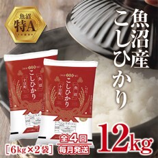 【毎月定期便】新潟県 魚沼産 こしひかり 12kg 精米 (お米の美味しい炊き方ガイド付き)全4回