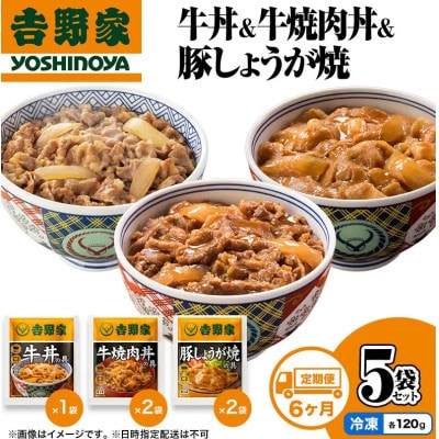 【毎月定期便】6ヶ月連続 吉野家 牛丼&牛焼肉丼&豚しょうが焼 5袋セット(冷凍) 防災非常食全6回