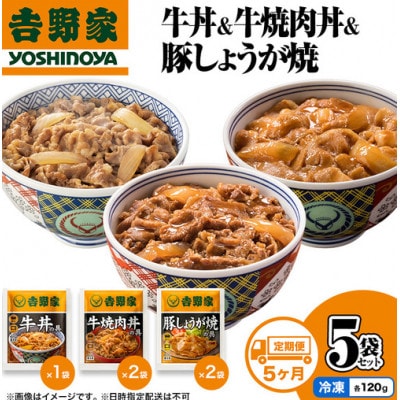 【毎月定期便】5ヶ月連続 吉野家 牛丼&牛焼肉丼&豚しょうが焼 5袋セット(冷凍) 防災非常食全5回