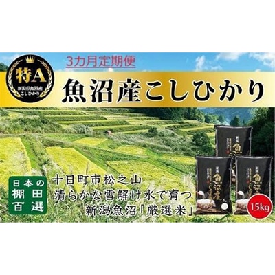 【毎月定期便】日本棚田百選のお米 天空の里・魚沼産こしひかり 15kg全3回