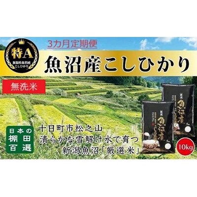 【毎月定期便】10kg無洗米　 日本棚田百選のお米 天空の里・魚沼産こしひかり 全3回