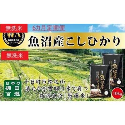 【毎月定期便】10kg無洗米　 日本棚田百選のお米 天空の里・魚沼産こしひかり 全6回