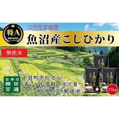 【毎月定期便】15kg無洗米　日本棚田百選のお米 天空の里・魚沼産こしひかり 全12回