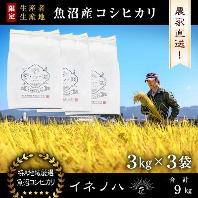 生産農家直送!生産地・生産者限定魚沼産コシヒカリ「イネノハ」精米(3kg×3袋)【合計9kg】
