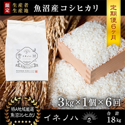 【毎月定期便】魚沼産コシヒカリ「イネノハ」精米(3kg×1個)×6回【合計18kg】全6回