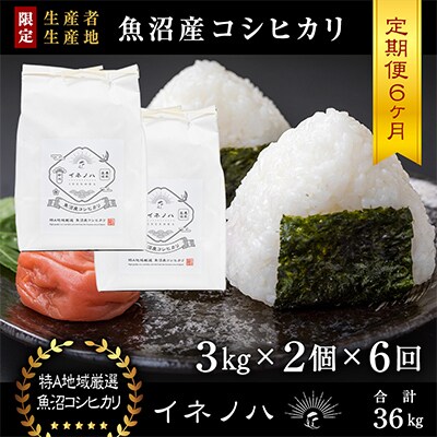 【毎月定期便】魚沼産コシヒカリ「イネノハ」精米(3kg×2個)×6回【合計36kg】全6回