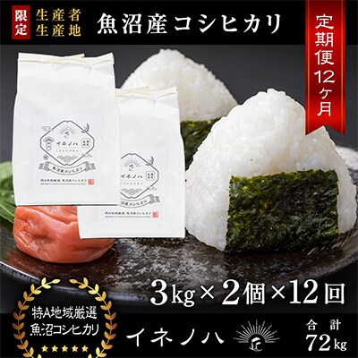【毎月定期便】魚沼産コシヒカリ「イネノハ」精米(3kg×2個)×12回【合計72kg】全12回