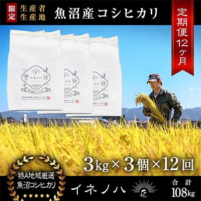 【毎月定期便】魚沼産コシヒカリ「イネノハ」精米(3kg×3個)×12回【合計108kg】全12回