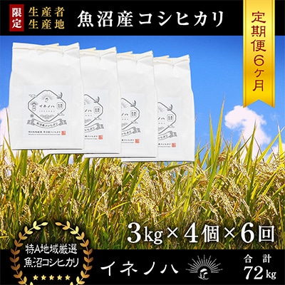 【毎月定期便】魚沼産コシヒカリ「イネノハ」精米(3kg×4個)×6回【合計72kg】全6回