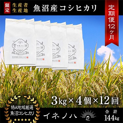 【毎月定期便】魚沼産コシヒカリ「イネノハ」精米(3kg×4個)×12回【合計144kg】全12回