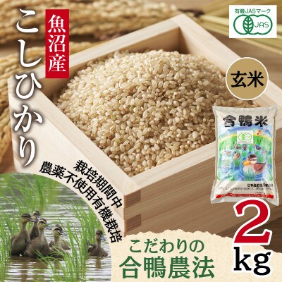 【玄米】魚沼産 コシヒカリ 2kg 栽培期間中農薬不使用 あいがも農法 有機栽培米 新潟県十日町市