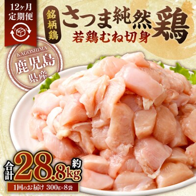 【12回定期便】さつま純然鶏 若鶏 むね切身(300g×8パック×12回 ) HS-902