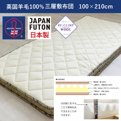 綿100%ニット生地　英国羊毛100%わた入三層敷布団(SL)　ブルー　K04K732725SMB