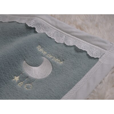 ベビー綿毛布　綿100%　レース付刺繍入り　アッシュグリーン