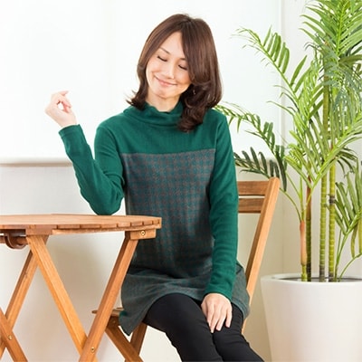 レディース 千鳥格子柄切り替えチュニック(グリーン系　Mサイズ)