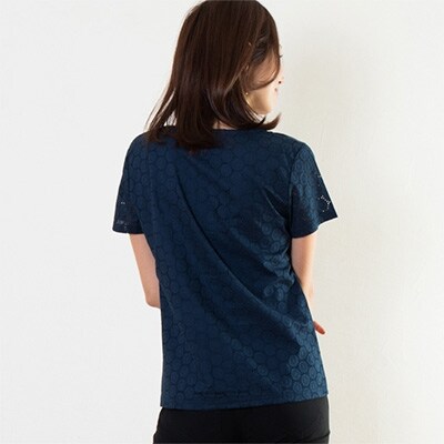 レディース レーヨンシルクスムース レース使いTシャツ 日本製(ネイビー　Lサイズ)