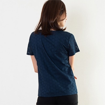 レディース レーヨンシルクスムース レース使いTシャツ 日本製(ネイビー　LLサイズ)