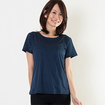 レディース レーヨンシルクスムース レース使いTシャツ 日本製(ネイビー　Mサイズ)