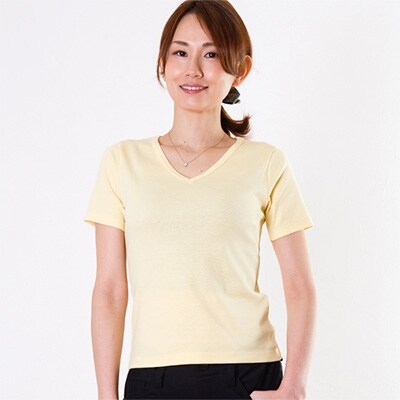 レディース 綿100%Vネック半袖Tシャツ(ソフトイエロー Lサイズ)