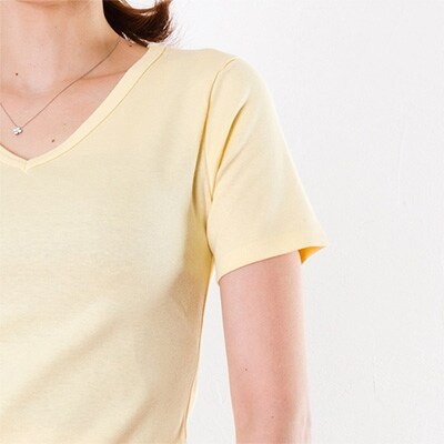 レディース 綿100%Vネック半袖Tシャツ(ソフトイエロー Lサイズ)
