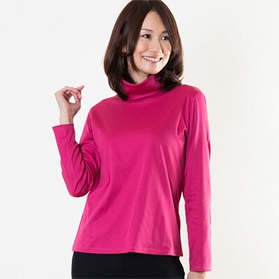 レディース　日本製ウインタースーピマコットンルーズネックカットソー(ピンク　Lサイズ)
