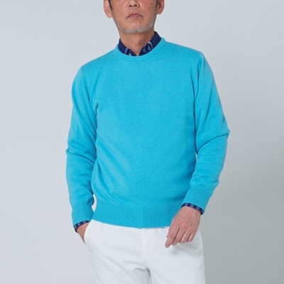 日本製　カシミヤ100%　クルーネック　ターコイズブルー　Mサイズ