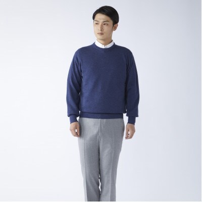 日本製　カシミヤ100%　丸首セーター　インディコブルー　Sサイズ