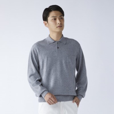 日本製　カシミヤ100%　ポロセーター　ライトグレー　Lサイズ