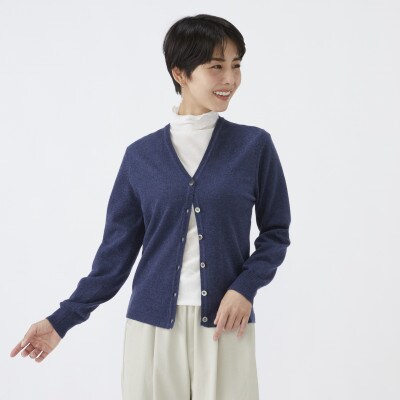 日本製　カシミヤ100%　レディース　Vカーディガン　インディコブルー　Lサイズ　90805
