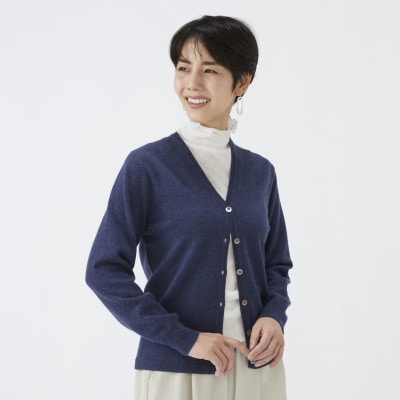 日本製　カシミヤ100%　レディース　Vカーディガン　インディコブルー　2Lサイズ　90805