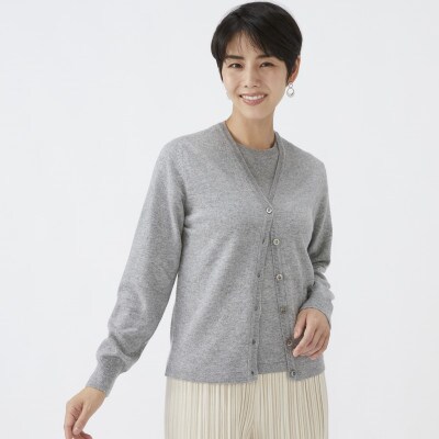 日本製　カシミヤ100%　レディース　Vカーディガン　ライトグレー　Mサイズ　90805
