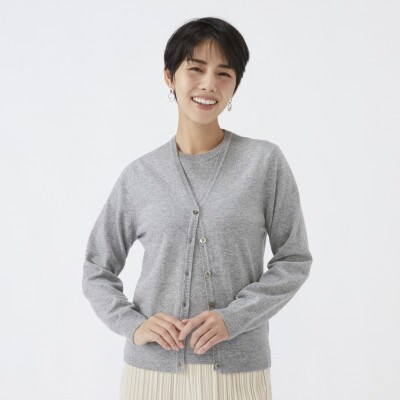 日本製　カシミヤ100%　レディース　Vカーディガン　ライトグレー　Lサイズ　90805