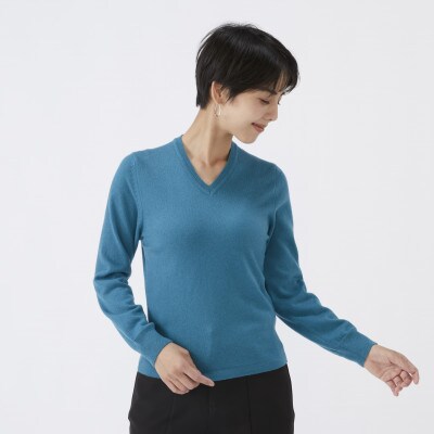 日本製　カシミヤ100%　レディース　Vネック　ブルーグリーン　Sサイズ