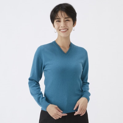 日本製　カシミヤ100%　レディース　Vネック　ブルーグリーン　2Lサイズ