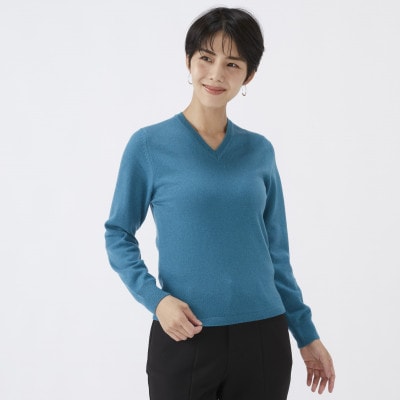 日本製　カシミヤ100%　レディース　Vネック　ブルーグリーン　2Lサイズ