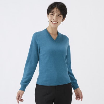 日本製　カシミヤ100%　レディース　Vネック　ブルーグリーン　2Lサイズ