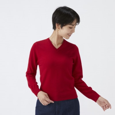 日本製　カシミヤ100%　レディース　Vネック　レッド　Mサイズ