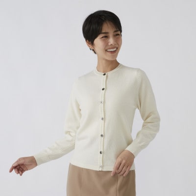 日本製　カシミヤ100%　レディース　クルーカーディガン　オフホワイト　Lサイズ