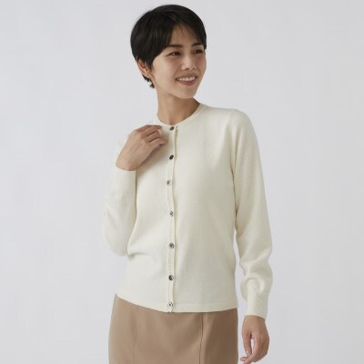 日本製　カシミヤ100%　レディース　クルーカーディガン　オフホワイト　2Lサイズ