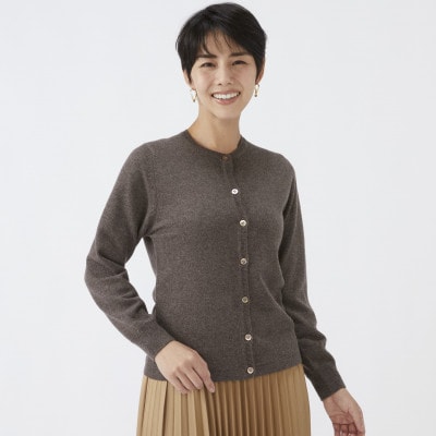 日本製　カシミヤ100%　レディース　クルーカーディガン　モカブラウン　2Lサイズ