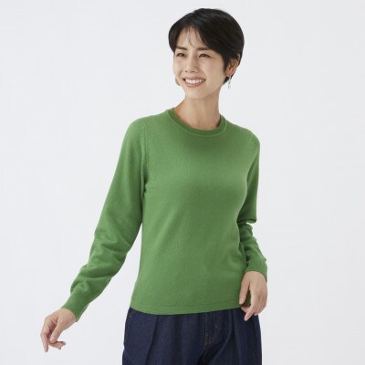 日本製　カシミヤ100%　レディース　クルーネック　ブルーグリーン　Sサイズ