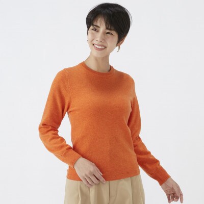 日本製　カシミヤ100%　レディース　クルーネック　ミックスオレンジ　Lサイズ