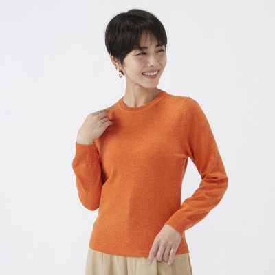 日本製　カシミヤ100%　レディース　クルーネック　ミックスオレンジ　Lサイズ