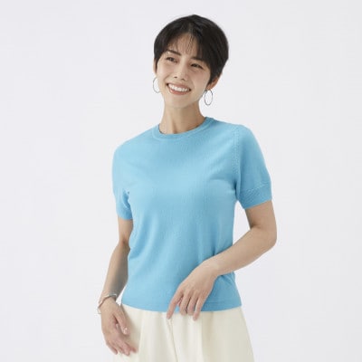 日本製　カシミヤ100%　レディース　クルーネック半袖　ターコイズブルー　Sサイズ