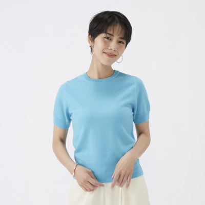 日本製　カシミヤ100%　レディース　クルーネック半袖　ターコイズブルー　Lサイズ