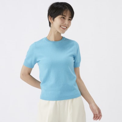 日本製　カシミヤ100%　レディース　クルーネック半袖　ターコイズブルー　Lサイズ