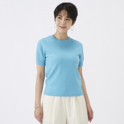 日本製　カシミヤ100%　レディース　クルーネック半袖　ターコイズブルー　2Lサイズ