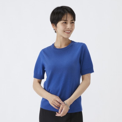 日本製　カシミヤ100%　レディース　クルーネック半袖　ブルー　Mサイズ