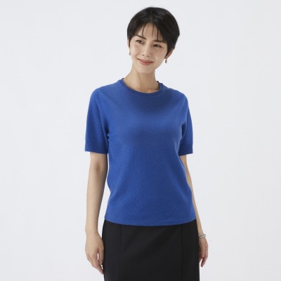 日本製　カシミヤ100%　レディース　クルーネック半袖　ブルー　Mサイズ