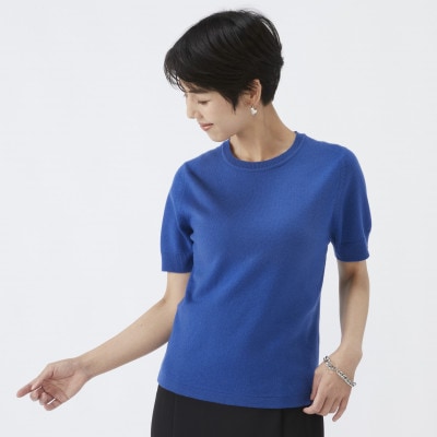 日本製　カシミヤ100%　レディース　クルーネック半袖　ブルー　Lサイズ